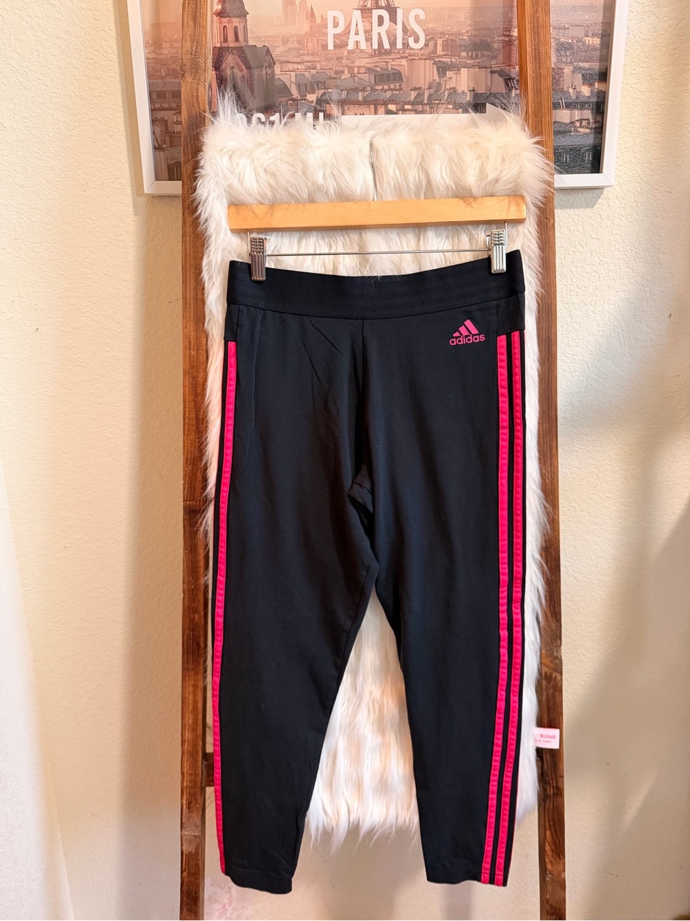 adidas Black Leggings with Pink Triple Side Stripes